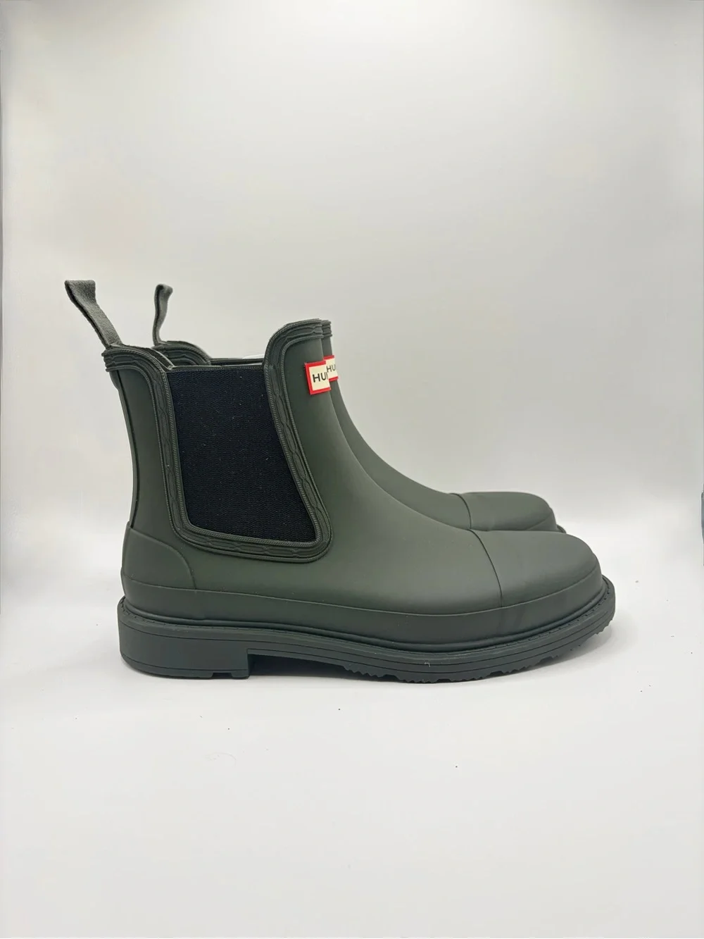 Hunter Olive Green Chelsea Rain Ankle Boots with Black Panels